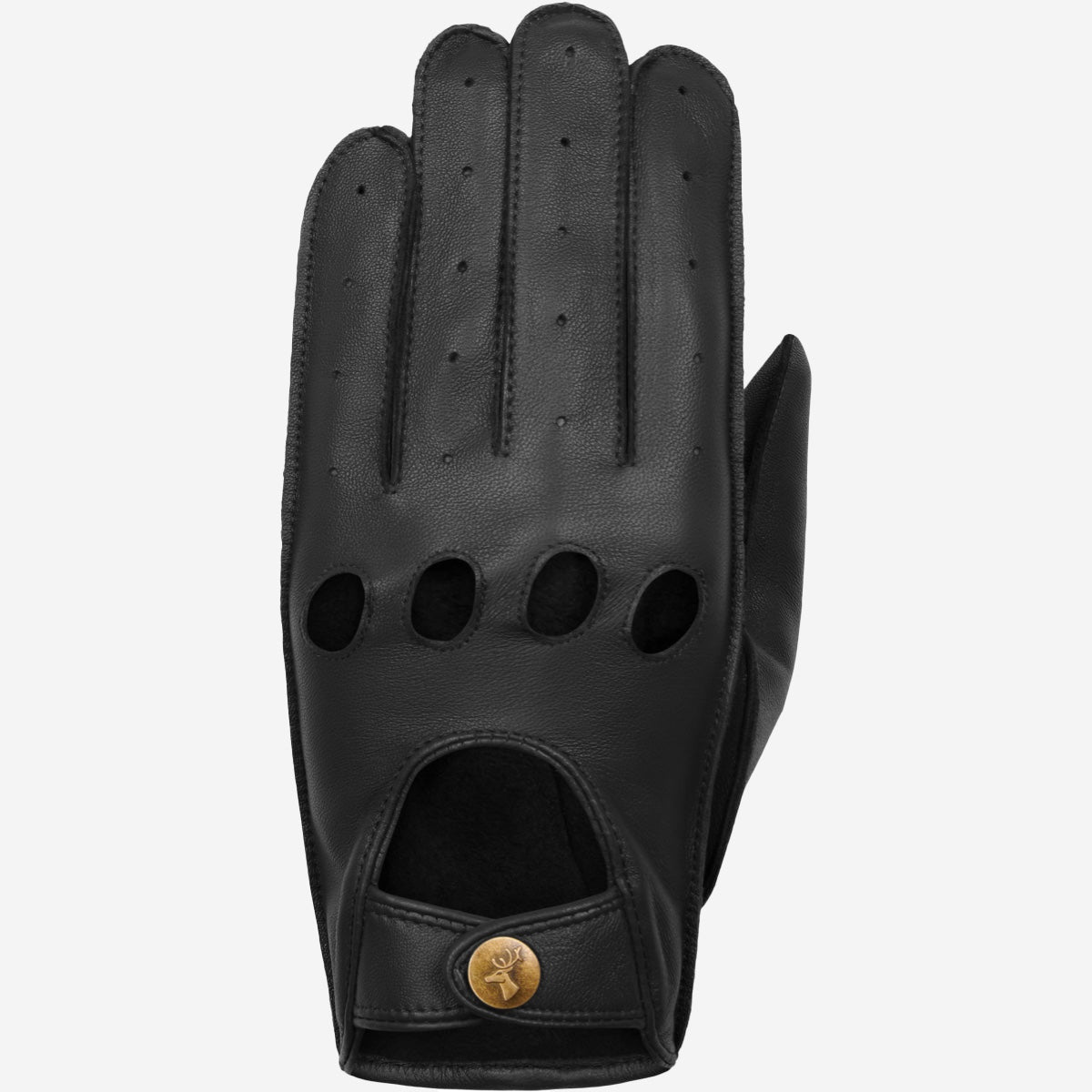 Schwartz & von Halen zwarte leren auto handschoenen voor dames, gemaakt van soepel schapenleer met ventilatie openingen en bronzen drukknoopsluiting.