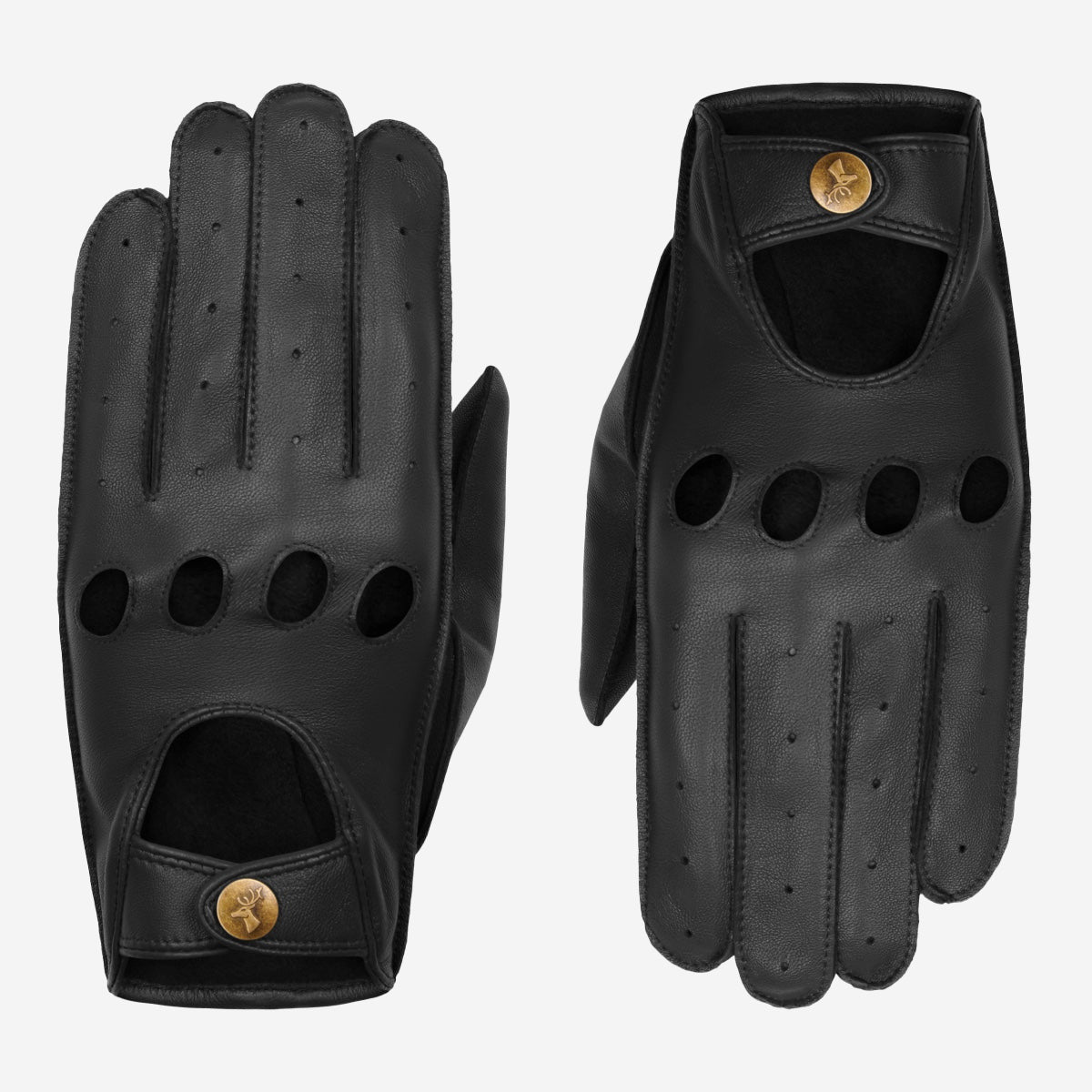 Zwarte leren auto handschoenen voor dames, voor- en achterkantweergave met ventilatieopeningen en klassieke bronzen drukknoopsluiting.