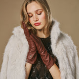 Emma (brown) - Extra-long sheepskin leather gloves with luxurious cashmere lining & touchscreen feature