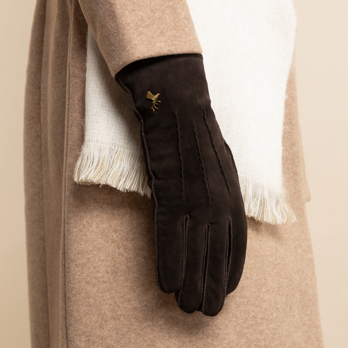 Josie (brown) - suede goatskin leather gloves with luxurious sheep fur lining - Schwartz & von Halen - US - 9