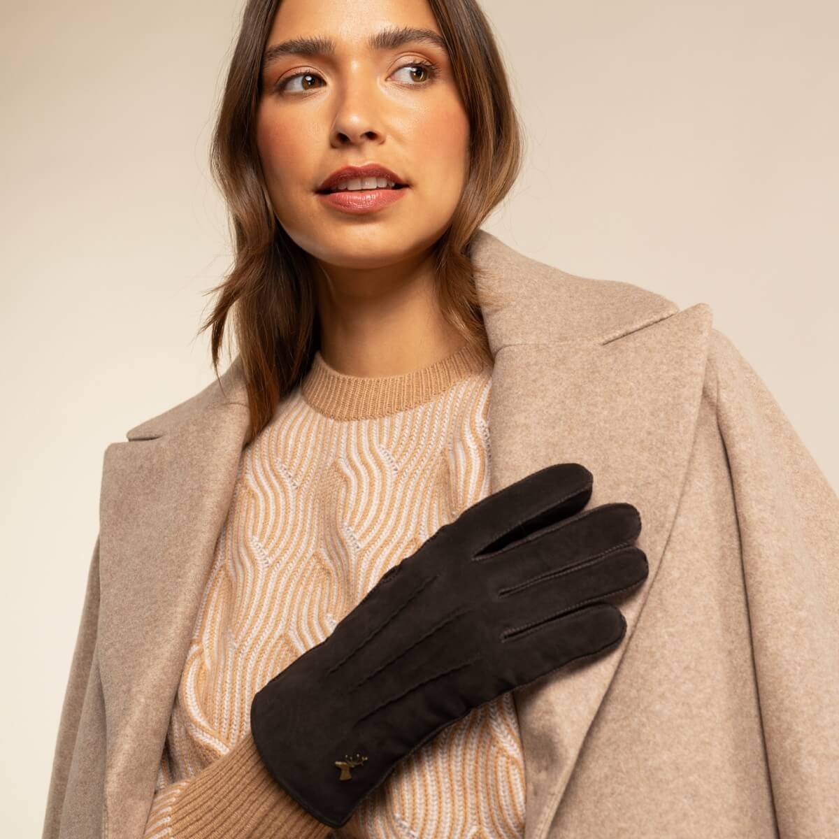 Josie (brown) - suede goatskin leather gloves with luxurious sheep fur lining - Schwartz & von Halen - US - 10