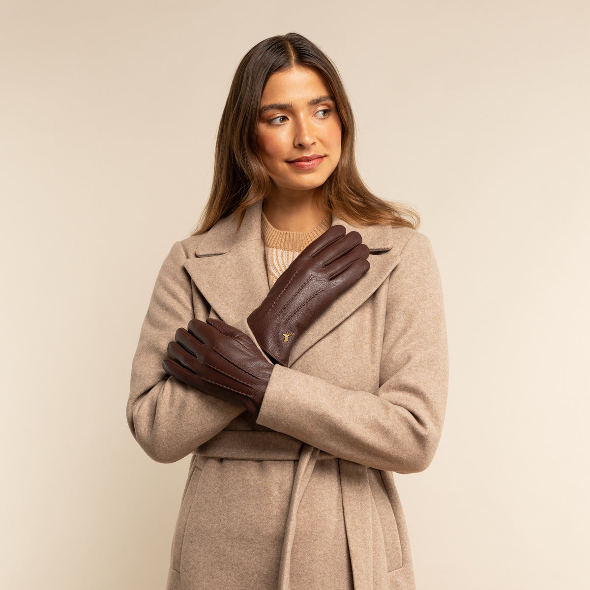Julia (brown) - goatskin leather gloves with luxury faux fur lining & touchscreen feature - Schwartz & von Halen - US - 5