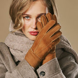 Roxanne (camel) - Women’s patchwork sheepskin gloves with warm sheep fur lining