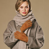 Roxanne (camel) - Women’s patchwork sheepskin gloves with warm sheep fur lining