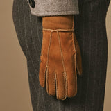 Roxanne (camel) - Women’s patchwork sheepskin gloves with warm sheep fur lining