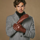 Alexander (brown) - Men’s lambskin leather gloves with luxurious rabbit fur lining and touchscreen feature
