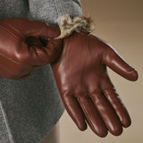 Alexander (brown) - Men’s lambskin leather gloves with luxurious rabbit fur lining and touchscreen feature