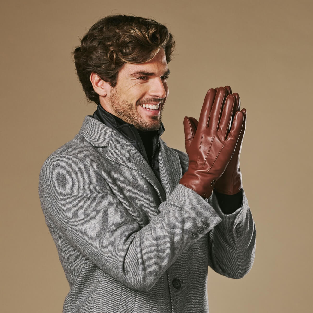 Alexander (brown) - Men’s lambskin leather gloves with luxurious rabbit fur lining and touchscreen feature - Schwartz & von Halen - US - 9