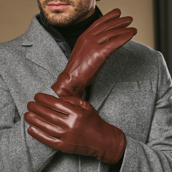 Alexander (brown) - Men’s lambskin leather gloves with luxurious rabbit fur lining and touchscreen feature - Schwartz & von Halen - US - 10
