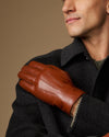 Alexander (cognac) - Men's lambskin leather gloves with luxurious rabbit fur lining and touchscreen feature