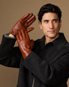 Alexander (cognac) - Men's lambskin leather gloves with luxurious rabbit fur lining and touchscreen feature