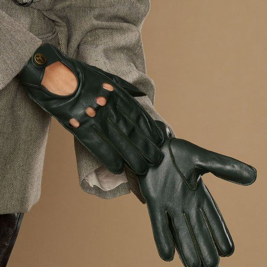 Dark green leather gloves with long open-hand cutouts and metal button detailing