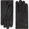 Pair of dark leather men’s gloves with stitched fingers and gold-tone logo at wrist