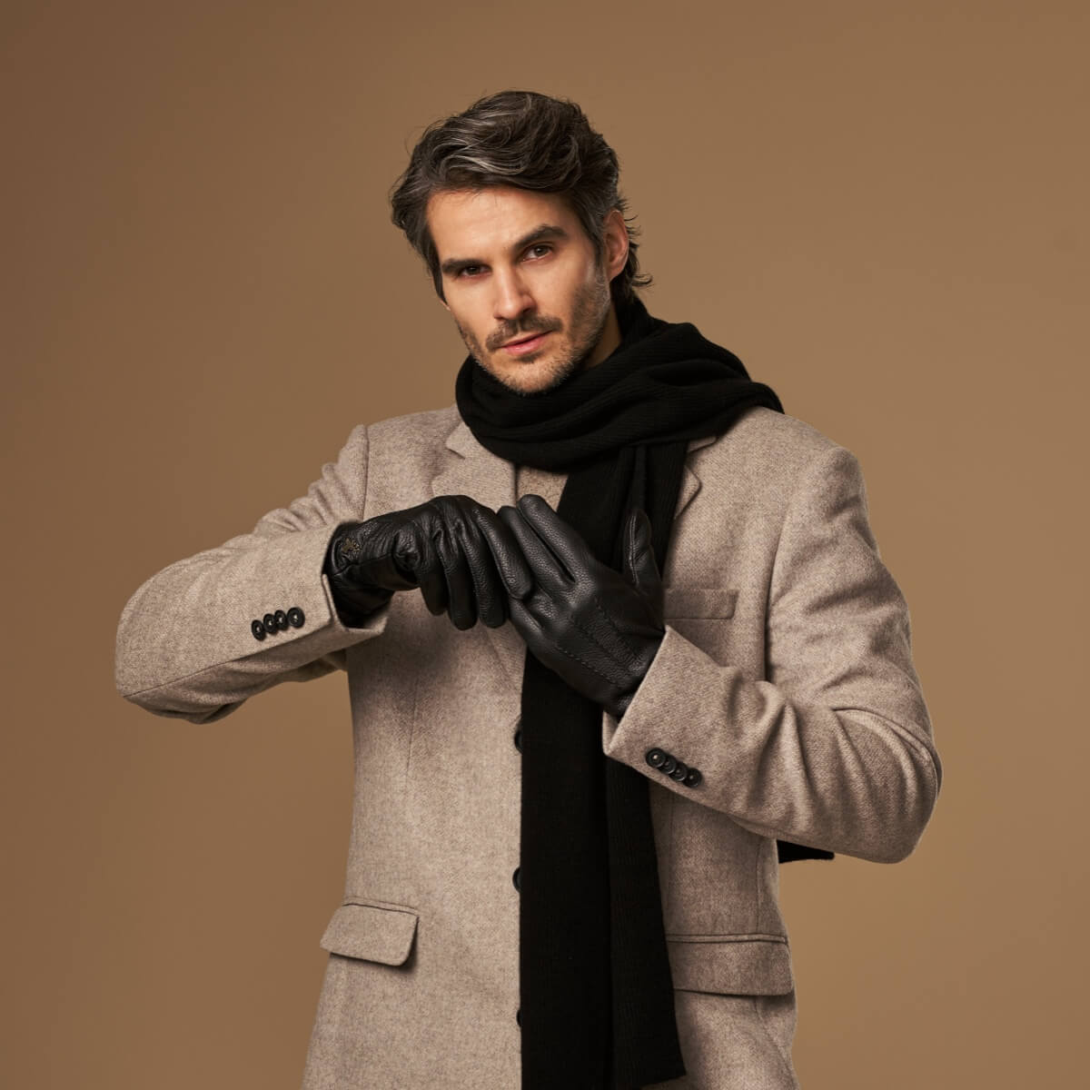 Black Leather Gloves - Deerskin - Men - Wool Lining XXL