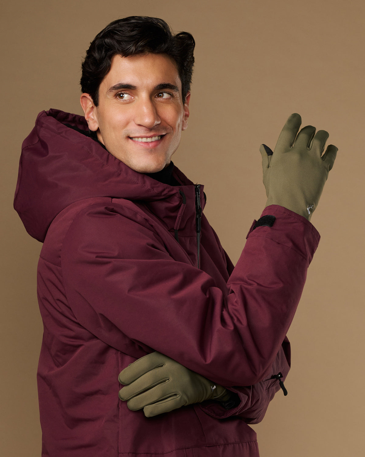 Men's olive green lightweight gloves with sports watch opening