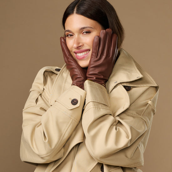 Dark brown lambskin leather gloves with gold-tone buckle and cashmere-lined cuffs