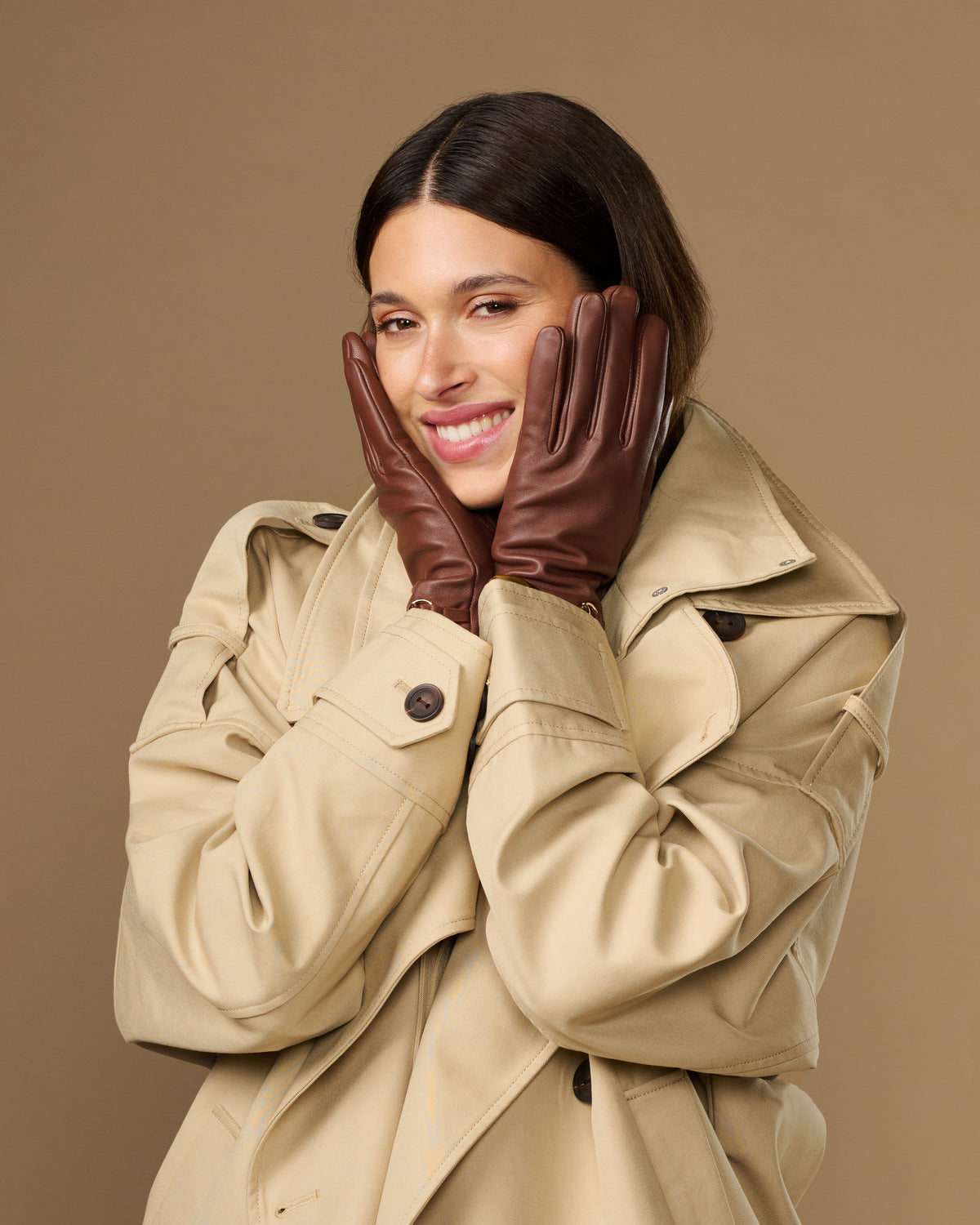 Dark brown lambskin leather gloves with gold-tone buckle and cashmere-lined cuffs