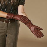 Emma (brown) - Extra-long sheepskin leather gloves with luxurious cashmere lining & touchscreen feature