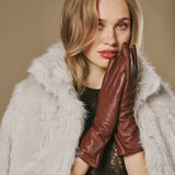 Emma (brown) - Extra-long sheepskin leather gloves with luxurious cashmere lining & touchscreen feature