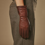 Emma (brown) - Extra-long sheepskin leather gloves with luxurious cashmere lining & touchscreen feature