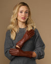 Emma (cognac) - Extra-long sheepskin leather gloves with luxurious cashmere lining & touchscreen feature