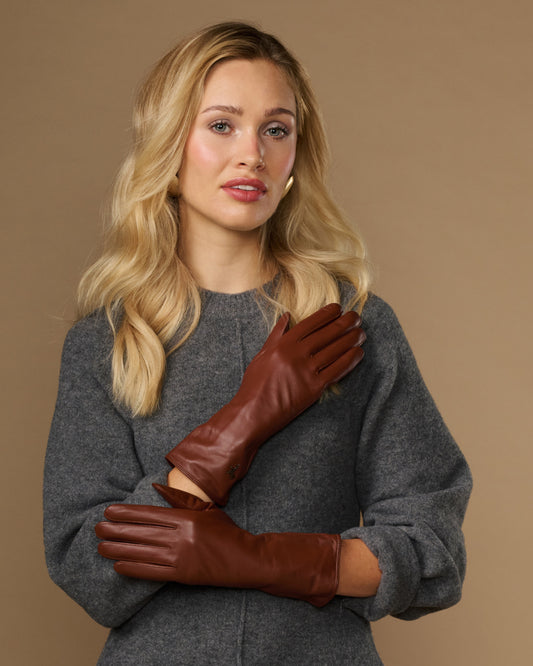 Emma (cognac) - Extra-long sheepskin leather gloves with luxurious cashmere lining & touchscreen feature