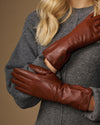 Emma (cognac) - Extra-long sheepskin leather gloves with luxurious cashmere lining & touchscreen feature