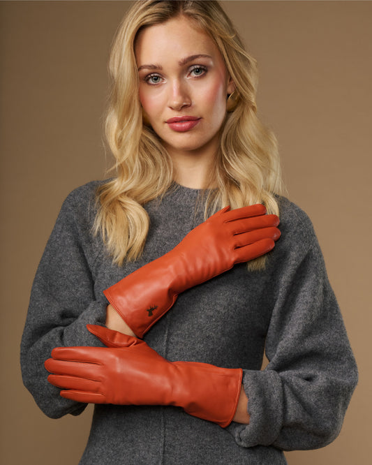 Emma (orange) - Extra-long sheepskin leather gloves with luxurious cashmere lining & touchscreen feature