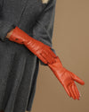 Emma (orange) - Extra-long sheepskin leather gloves with luxurious cashmere lining & touchscreen feature