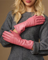 Emma (pink) - Extra-long sheepskin leather gloves with luxurious cashmere lining & touchscreen feature