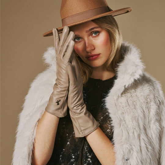 Emma (taupe) - Extra-long sheepskin leather gloves with luxurious cashmere lining & touchscreen feature