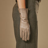 Emma (taupe) - Extra-long sheepskin leather gloves with luxurious cashmere lining & touchscreen feature