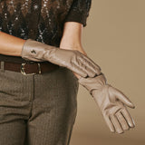Emma (taupe) - Extra-long sheepskin leather gloves with luxurious cashmere lining & touchscreen feature
