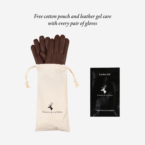 White cotton pouch and leather gel care packet set for gloves