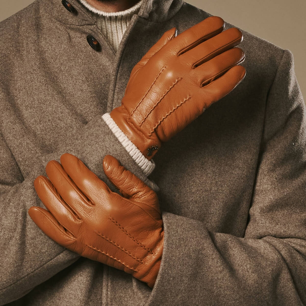 Men's Leather Gloves - Cognac - Wool Lining - Touchscreen XS - 7 Men's Leather Gloves - Cognac - Wool Lining - Touchscreen XS - 7