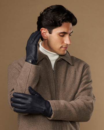 Harvey (navy blue) - Men's goatskin leather gloves with wool lining & touchscreen feature