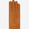 Cognac leather glove with stitched fingers and small emblem at wrist