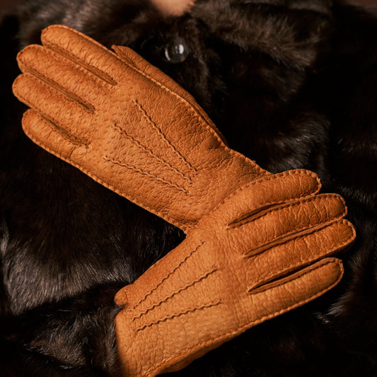 Cognac peccary leather women's gloves with cashmere lining, stitched fingers and cuff