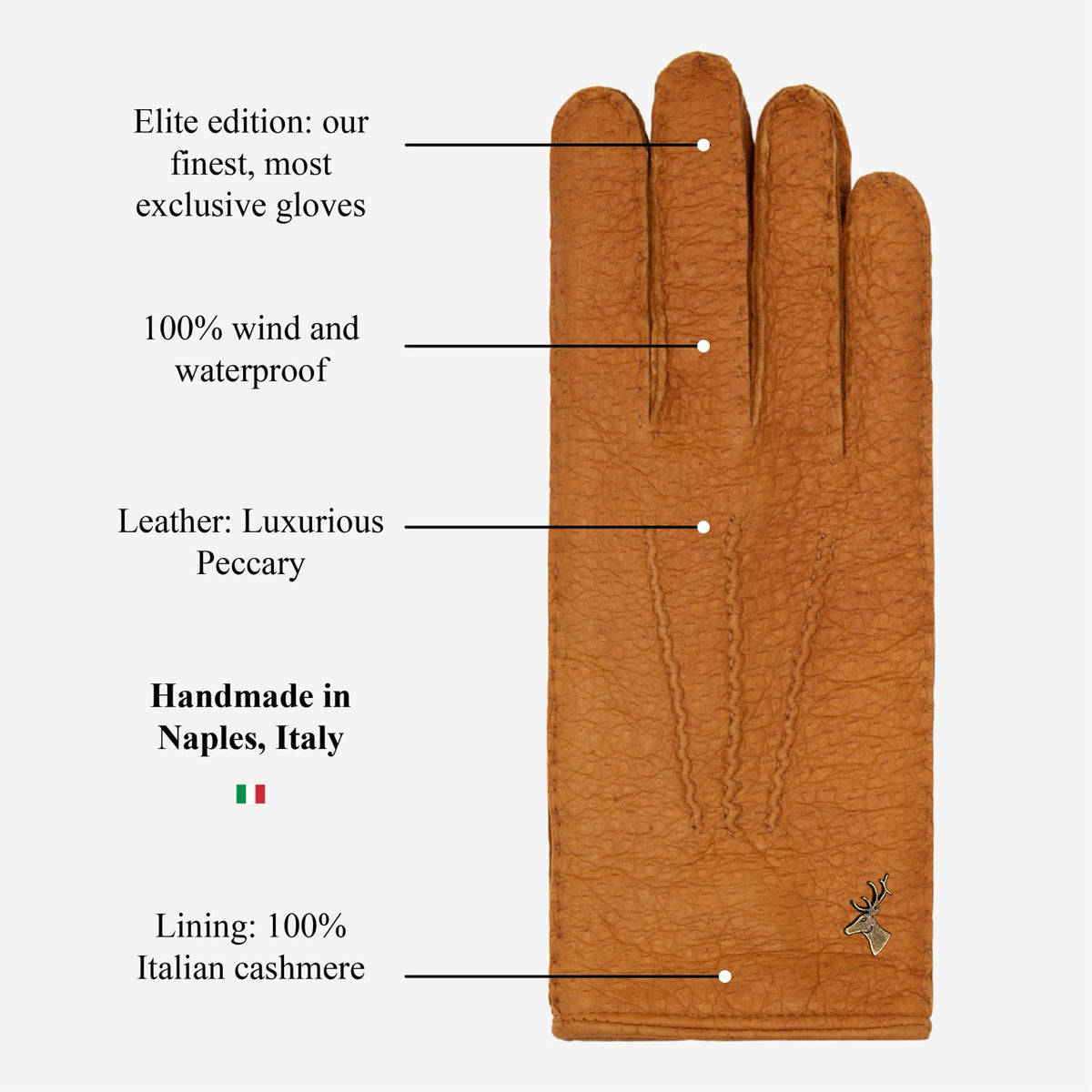 Cognac peccary leather women's glove with cashmere lining, wrist emblem detail