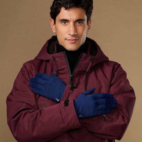 Blue activity gloves shown on a model, palms facing inward