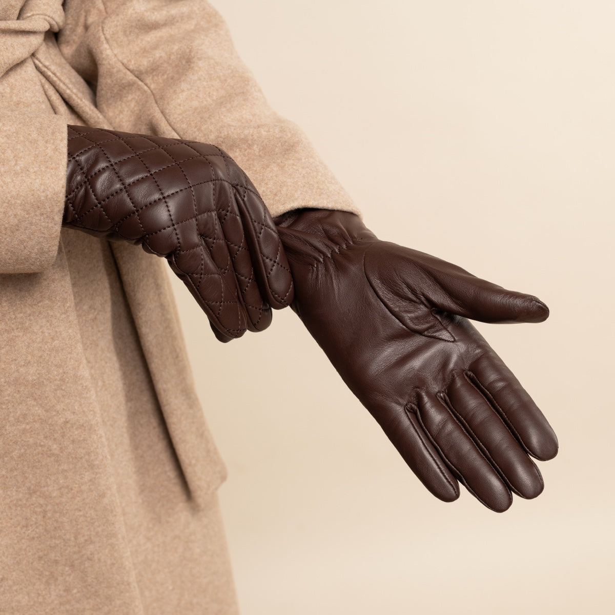 Brown Leather Gloves - Luxury Pattern - Touchscreen