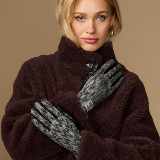 Women's herringbone tweed gloves with black leather palm and knit cuff
