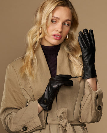 Martha (black) - Women's lambskin leather gloves with cashmere lining, side zip & touchscreen feature