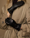 Martha (black) - Women's lambskin leather gloves with cashmere lining, side zip & touchscreen feature