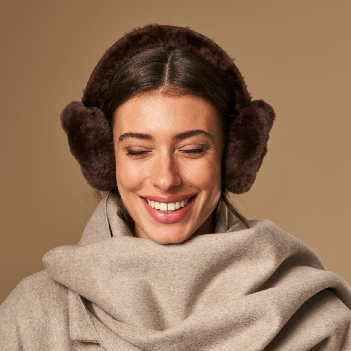 Nathaly (brown) – warm and stylish earmuffs from natural sheepskin and suede - Schwartz & von Halen - EU - 1
