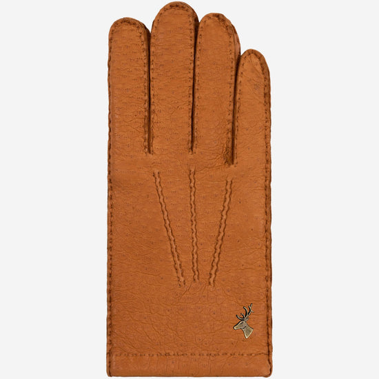 Cognac brown peccary leather glove, stitched fingers and small antler emblem