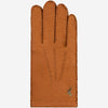 Cognac brown peccary leather glove, stitched fingers and small antler emblem