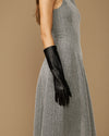 Black leather below-elbow glove with ruched cuff and touchscreen fingertips