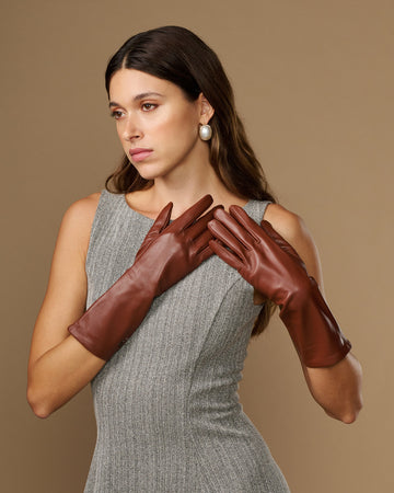Rosemary Mid-forearm (chestnut brown) - Women's lambskin leather gloves with silk lining & touchscreen feature