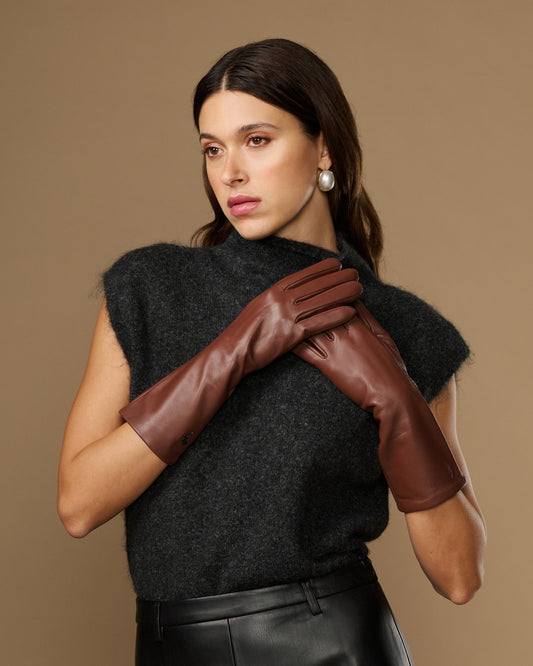 Rosemary Mid-forearm (chocolate brown) - Women's lambskin leather gloves with silk lining & touchscreen feature
